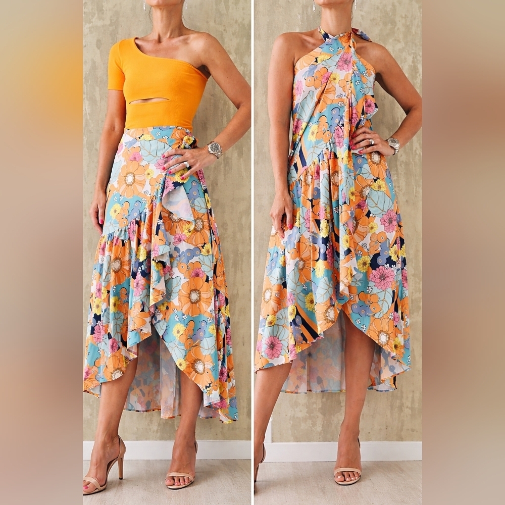 NWT Nylon Apparel Retro Floral Wrap Skirt M / L Asymmetric Ruffle High Low